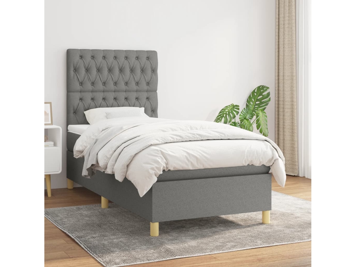Cama Box Spring Con Colchón Tela Gris Oscuro 90x200 Cm