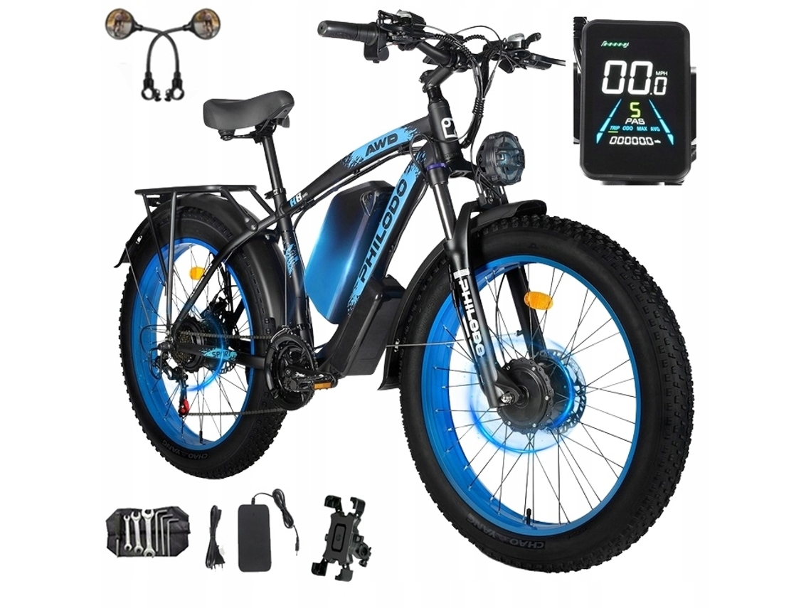 Bicicleta eléctrica Philodo H8 con dos motores de 3000 W, batería de 26 Ah, velocidad máxima de 56 km/h, autonomía de 100 km y frenos hidráulicos.