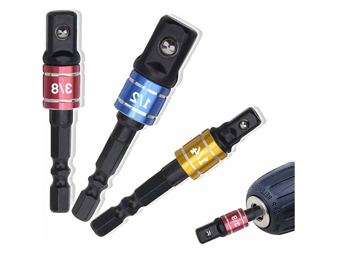 Adaptador de porta-pasadores de 1/4, 3/8 y 1/2 pulgada para taladro atornillador de impacto con acero al vanadio tratado térmicamente.