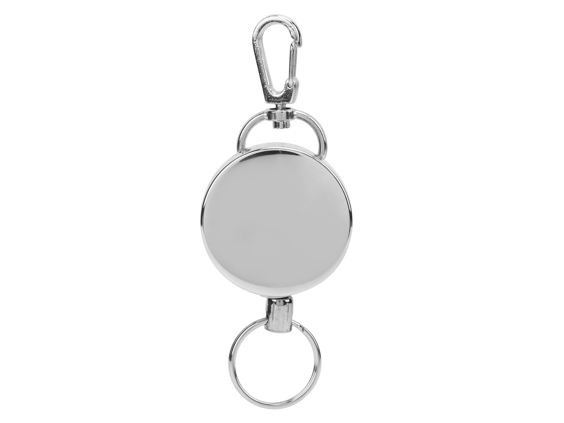 Llavero metálico retráctil de 4 cm, acero resistente.