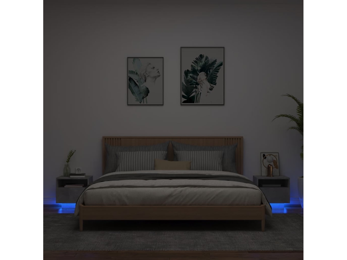 Cabecero Mesitas Noche Luces Led Uds Madera Gris (40x39x37cm)