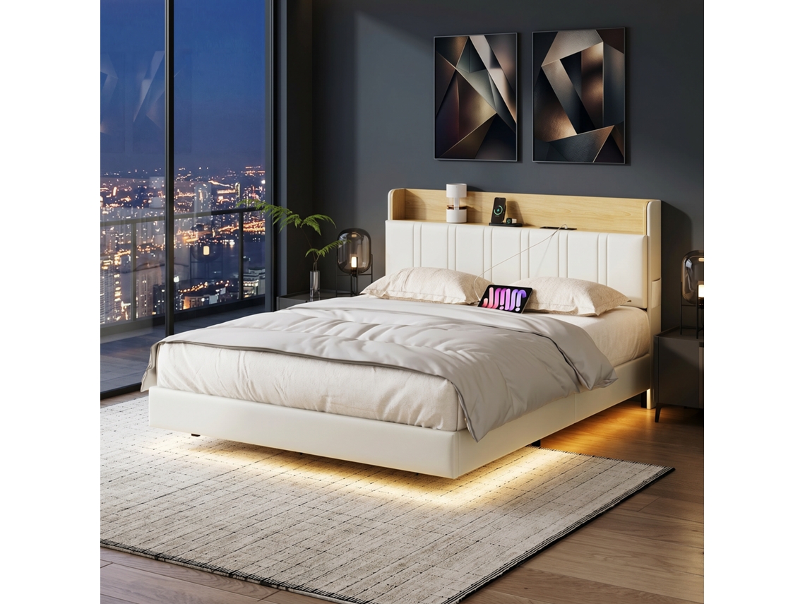 Bastidor Cama Matrimonio Suspendida 140x190 Cm, Lamas, Luz Rgb Led, Cabecero Pu Tapizado Con Estante, Blanco Rosahqnda