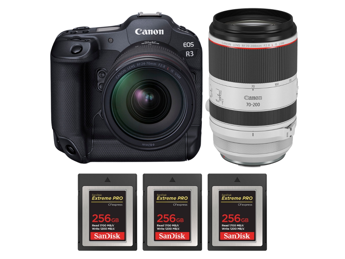 EOS R3 + RF 24 70 mm F/2.8 L IS USM + RF 70 200 mm F/2.8 L IS USM + 3 tarjetas Sandisk Extreme Pro de 256 GB Cfexpress Tipo B + Libro electrónico Pricedirect CANON