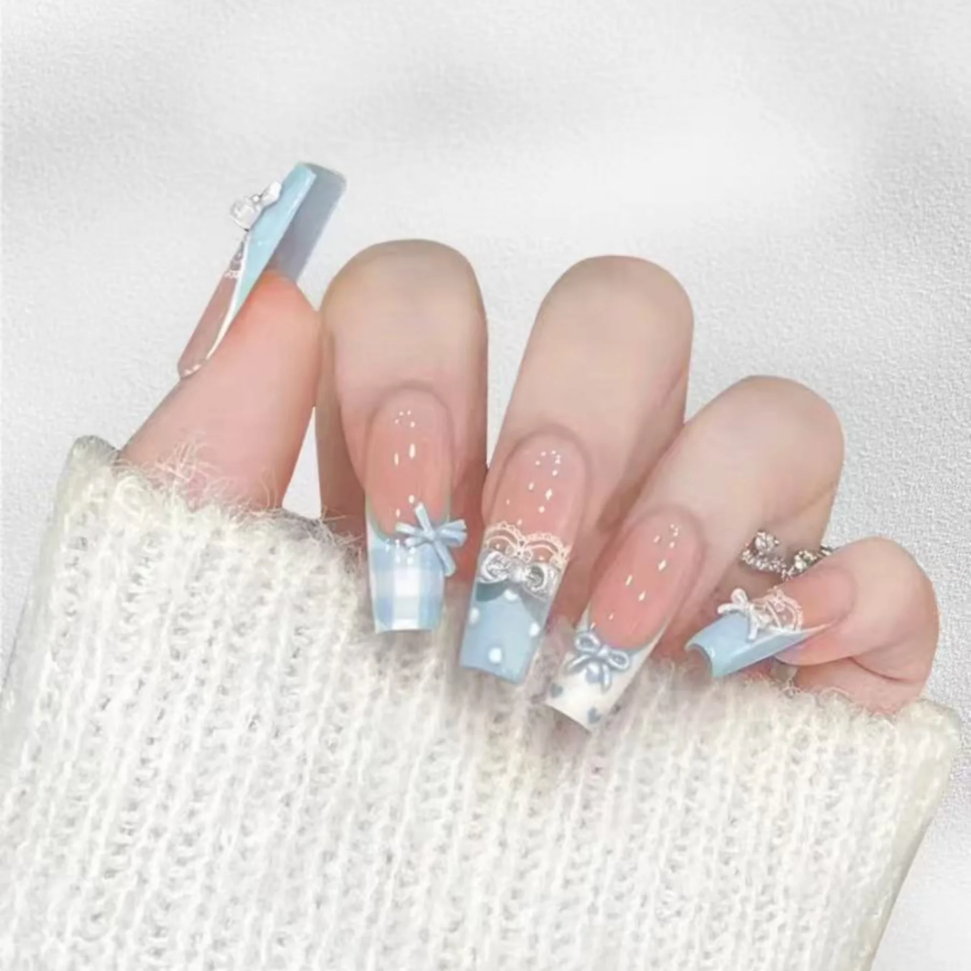 (jm278-xs) 10 Pegatinas De Uñas Postizas, Manicura Francesa Corta Estilo Ballet Con Diseño De Lazo
