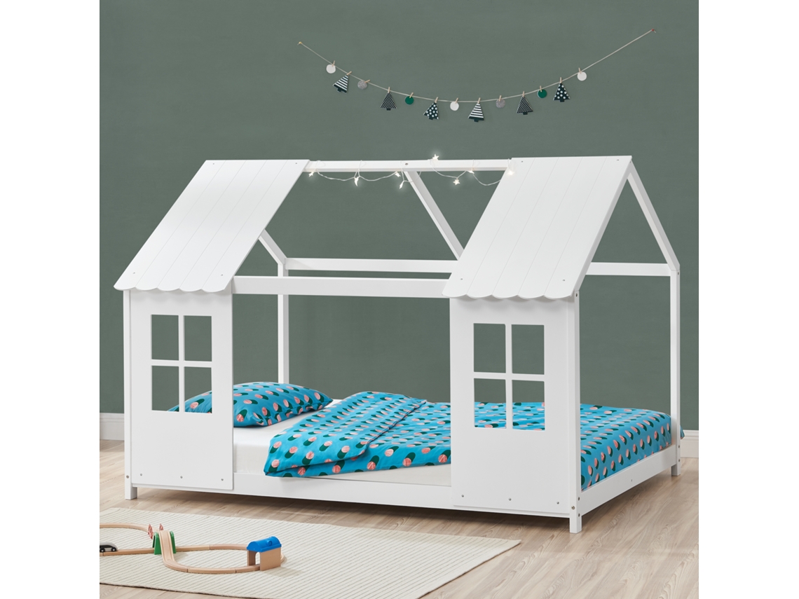 Cama para niños Tostedt en forma de casa con ventanas pino 140 x 200 cm - Blanco [EN.CASA]