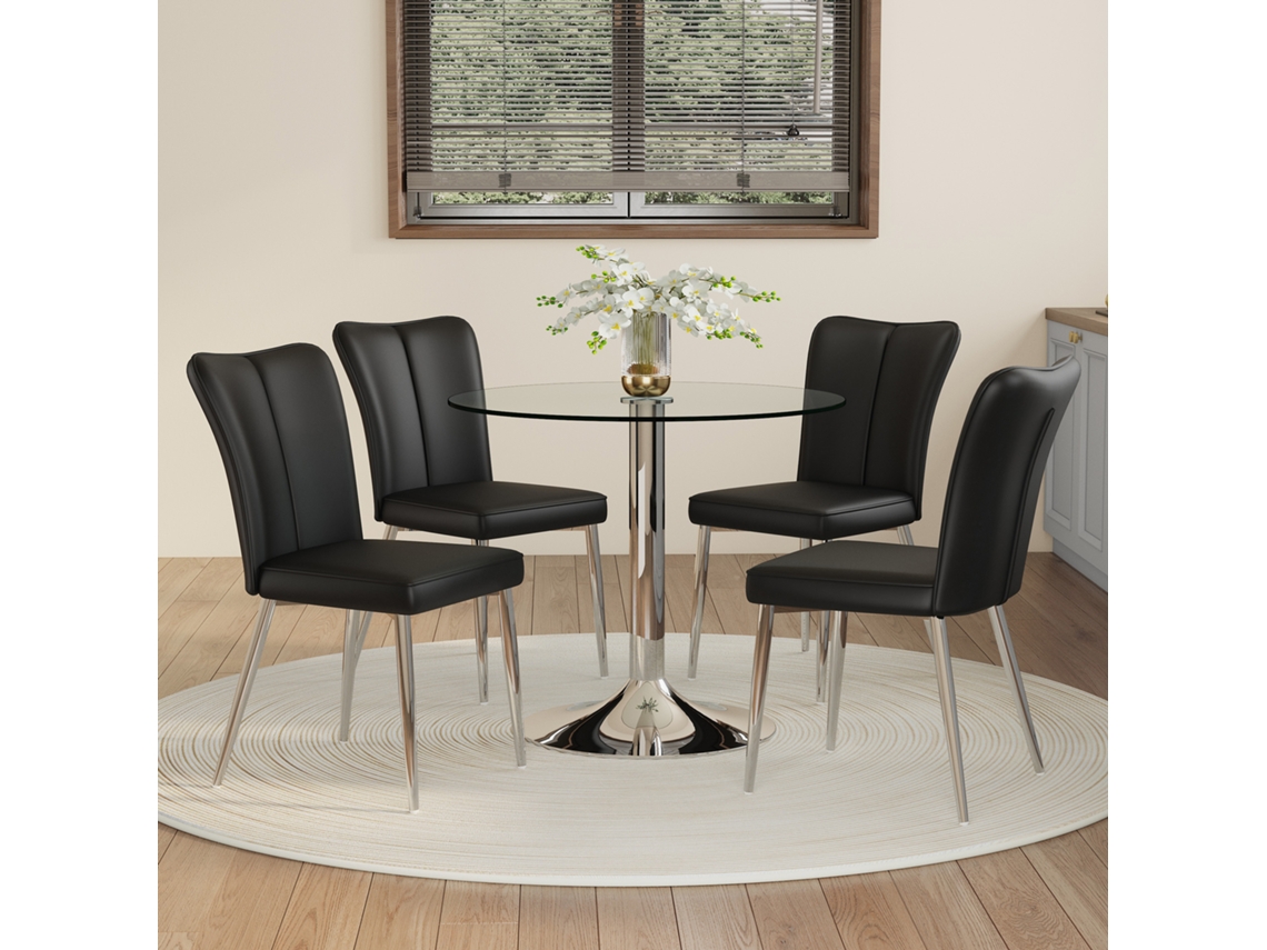 Conjunto Mesa Comedor 85 Cm - Mesa De Cristal Y 4 Sillas Pu - Negro Plata