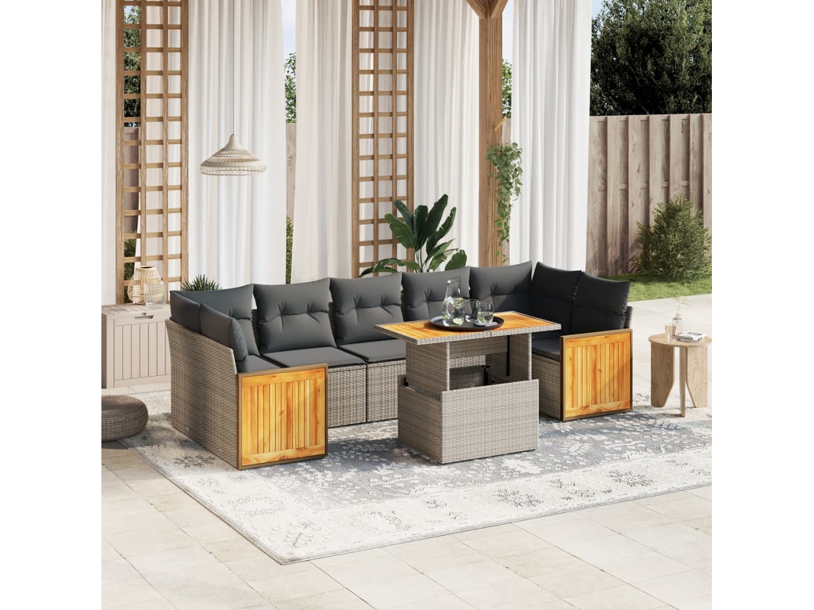 Conjunto de sofá de jardín de 8 piezas con cojines, ratán gris, DKD Home Decor