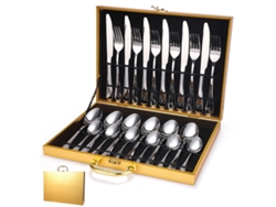 Juego de cubiertos de acero inoxidable MDUG con cuchillos, tenedores y cucharas de acero inoxidable (24 cajas de madera plateadas)