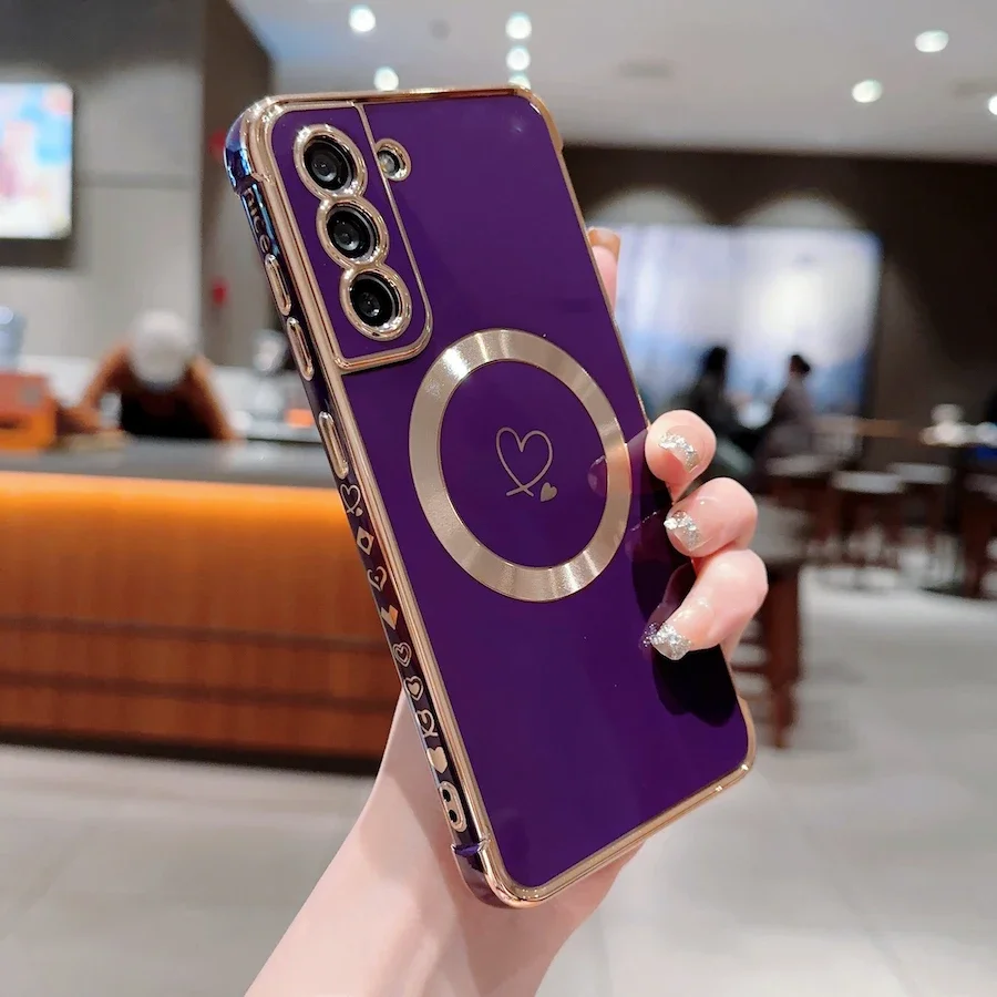 (samsung S24, Morado Oscuro) Funda Magsafe Para Samsung, Con Diseño De Corazón Galvanizado.