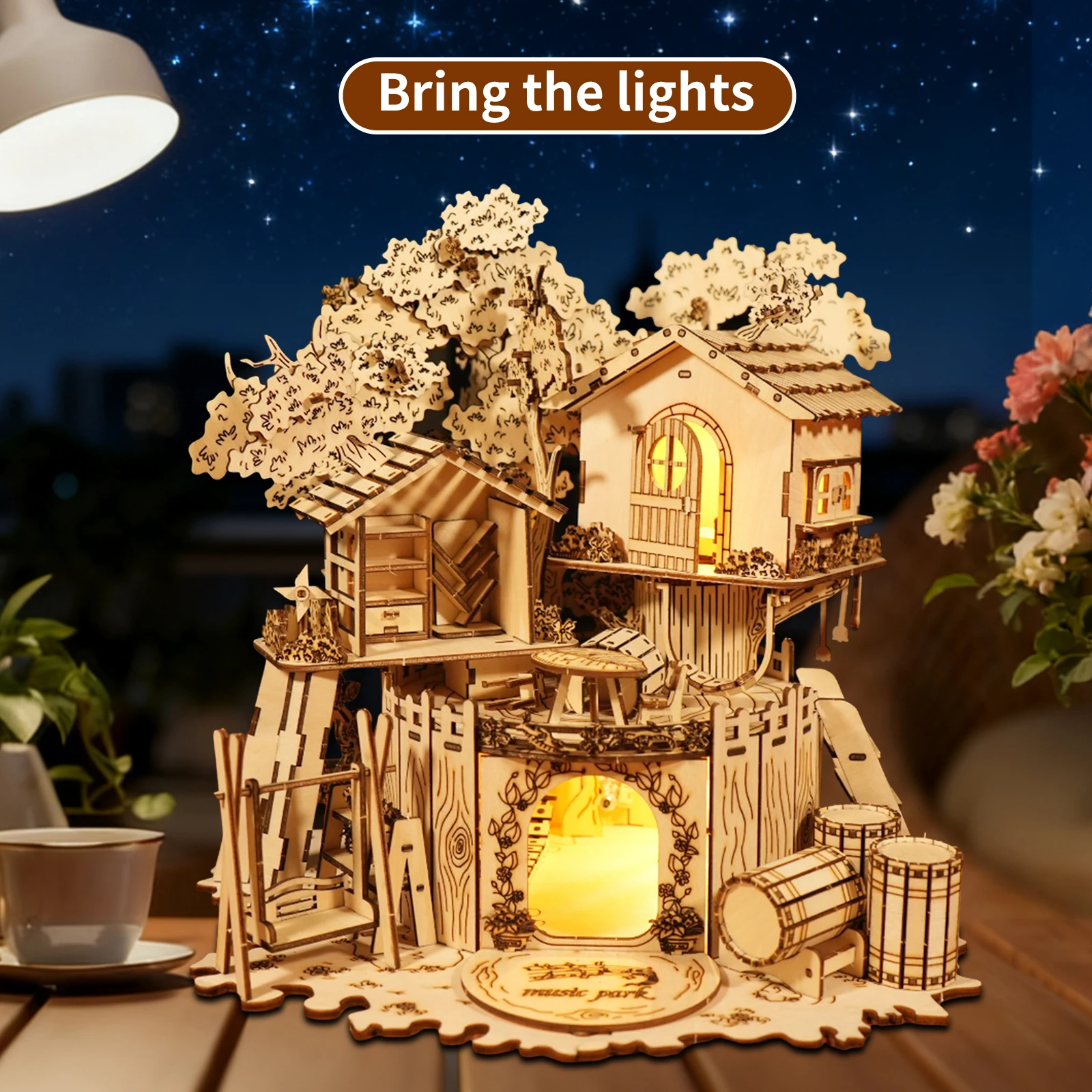 Kit de montaje de casa del árbol de madera 3D DIY con luces MDUG