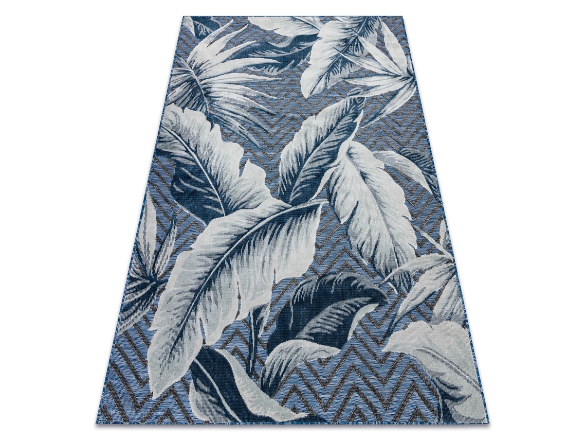 Alfombra Estructural Botanic 65242 Plumas, Zigzag, Tejido Plano en El Balcón, Terraza - Azul Oscuro (117 x 170 cm)