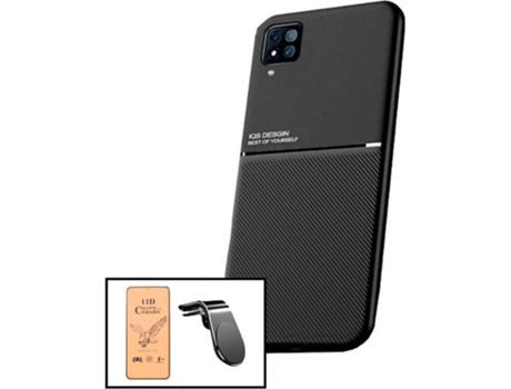 Kit Funda Magnetic Lux, Cristal Templado CeramicGlass Full Cover y Soporte Magnético L Safe Driving Samsung Galaxy M22 PHONECARE Negro