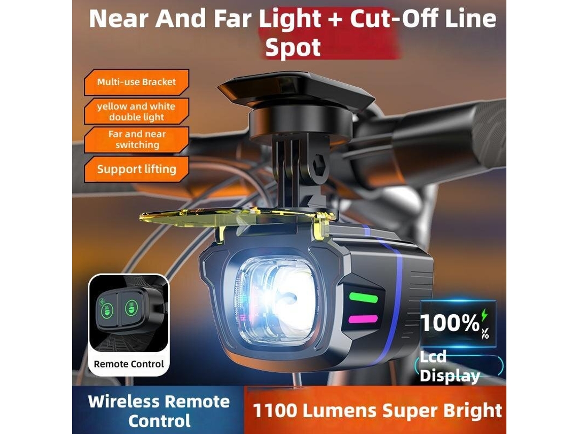 Farol De Bicicleta Multifuncional Sem Fio Com Controle Remoto Preto 1100 Lúmens Alto Brilho Recarregável Via Usb