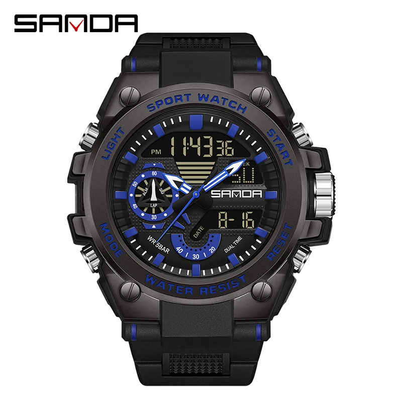 Reloj Electrónico Digital (negro Y Azul), Resistente A Golpes Y Al Agua, Reloj Deportivo Electrónico Con Doble Pantalla Led.