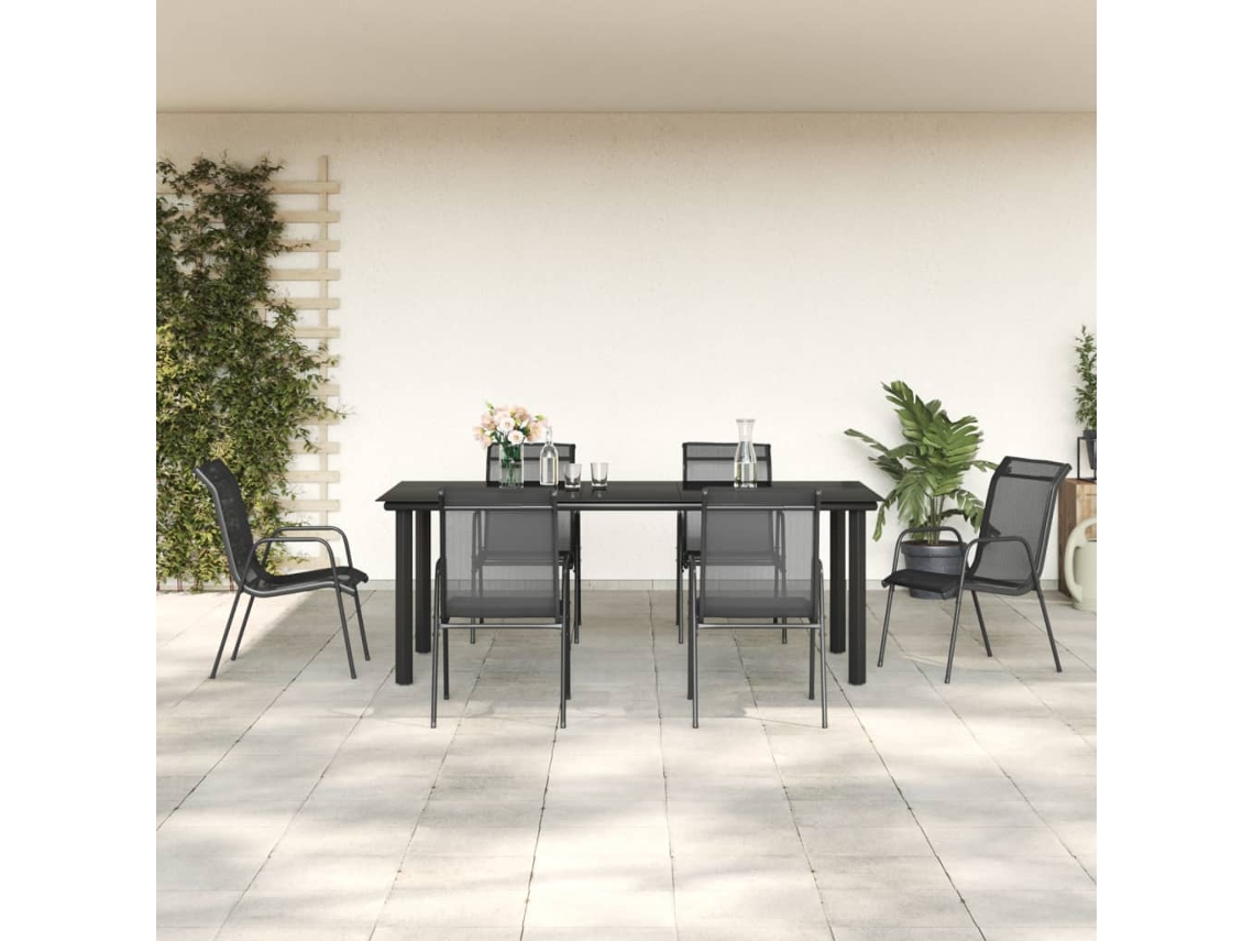 Juego de comedor de jardín de 7 piezas, acero y textileno negro, Dkd Home Decor