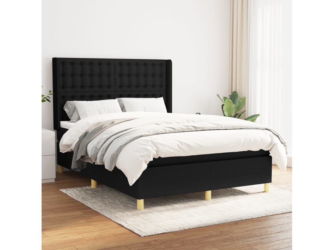 Cama Box Spring Con Colchón Tela Negro 140x190 Cm