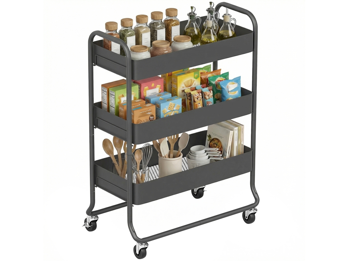 Carrito Cocina 3 Cestas 4 Ruedas Metal Negro