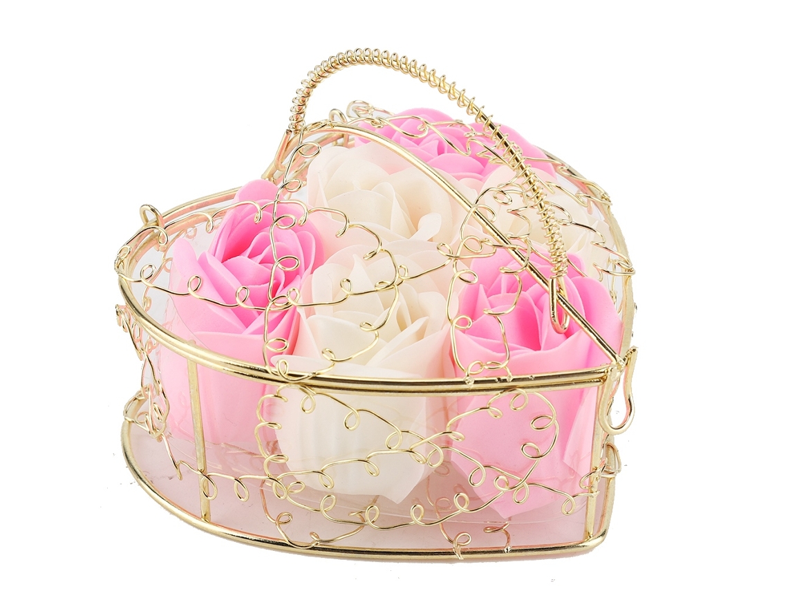 6 cestas de jabón románticas de hierro con forma de rosa dorada para regalo de San Valentín (rosa y blanco)