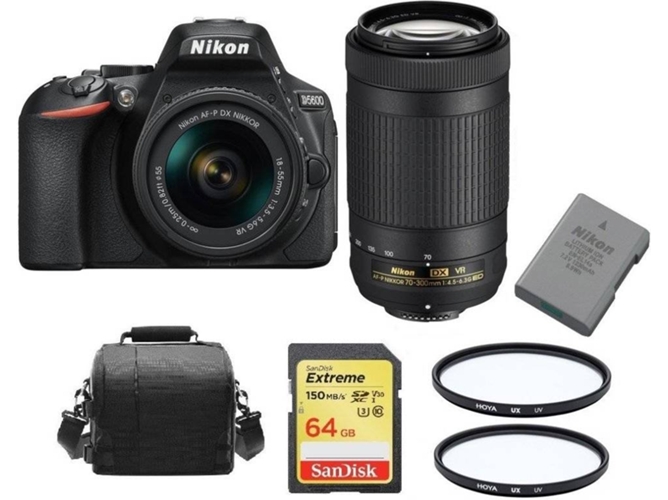 Kit Cámara Réflex NIKON D5600 AF-P 18-55MM + VR AF-P 70-300MM + SD 64GB + Funda + EN-EL14A + Hoya UX UV 55mm + Hoya UX UV 58mm