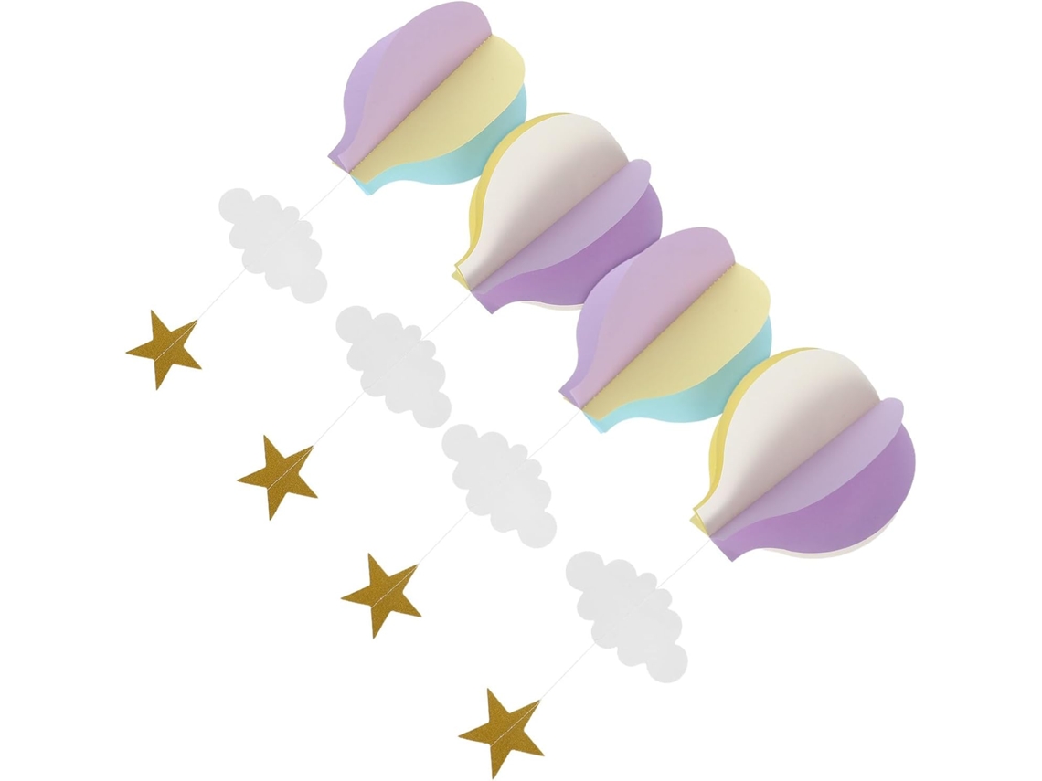 Guirnalda Decorativa 4 Globos Aerostáticos Papel Nubes Estrellas 3d Ligera Única Fiestas Infantiles Decoración