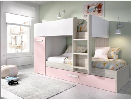 Cama Tren 3 Camas DKIT Tom (Blanco/Rosa/R. Gris Malla - 150x244x112 cm)