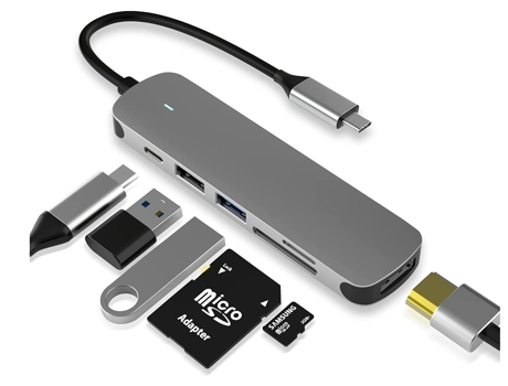 HUB USB C Adaptador Dongle USB C 6 en 1 con conexión USB 3.0 4K-HDMI Conexión USB C/PD Lector de tarjetas SD/TF Gris BISBISOUS