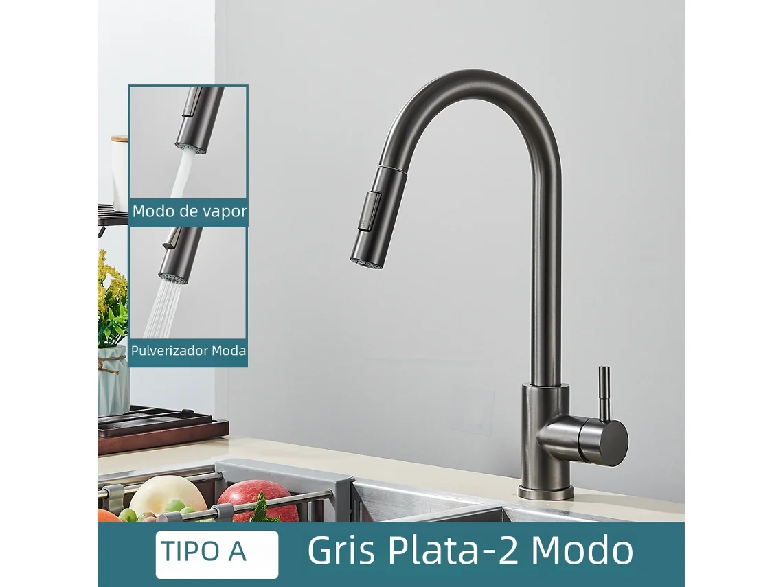 (gris) Grifo De Cocina De Acero Inoxidable De Doble Función, Tipo Extraíble De Una Sola Manija, Grifo De Agua Fría Y Caliente.
