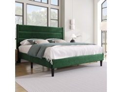Cama Doble De 140x200 Cm, Tapizada En Terciopelo Verde Y Con Somier De Láminas.