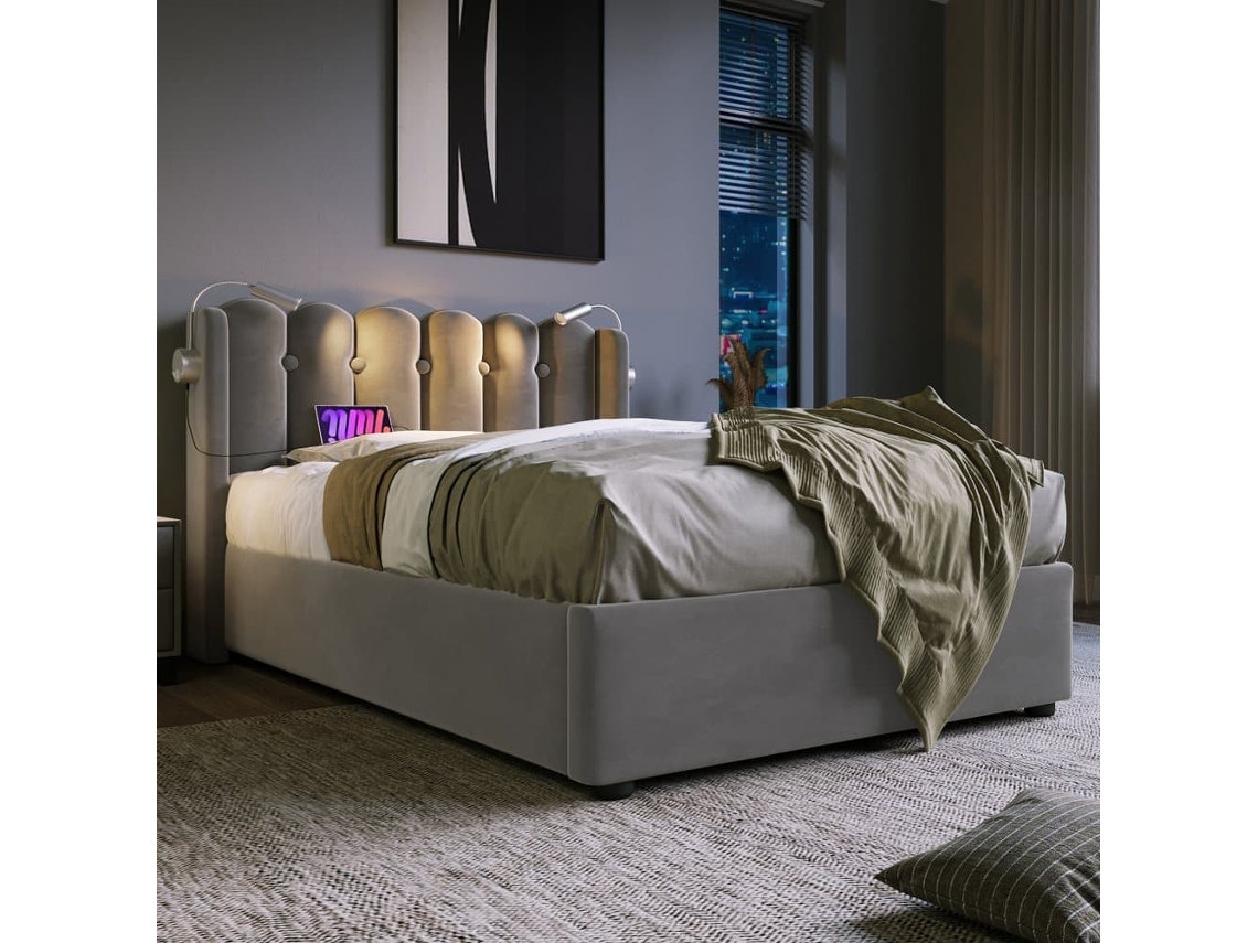 Cama Tapizada 90x200 - Leselicht Con Carga, Cabecero, Almacenamiento, Estructura De Cama De Terciopelo - Gris