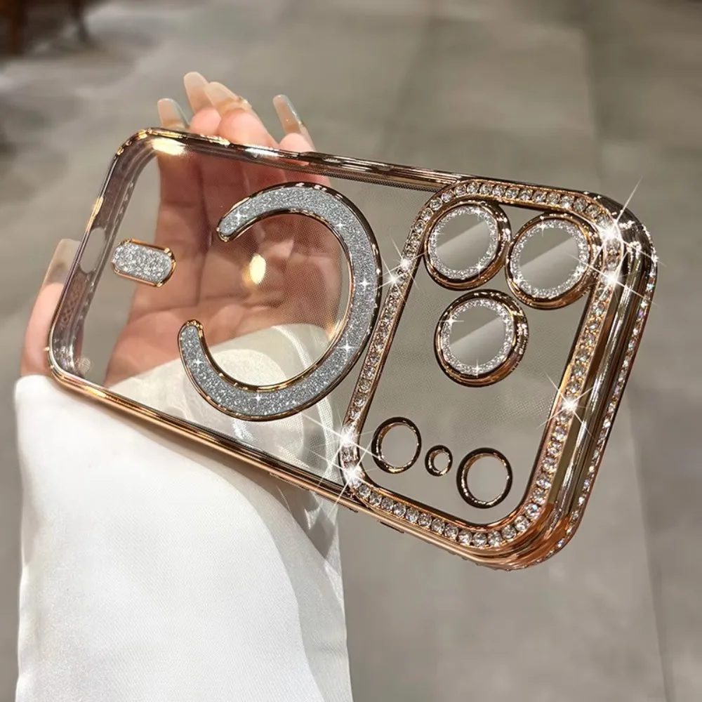 (iphone17, Oro) Funda De Succión Magnética Para Iphone, Funda Transparente Suave De Diamante Flash, Funda Protectora De Cámara Completa