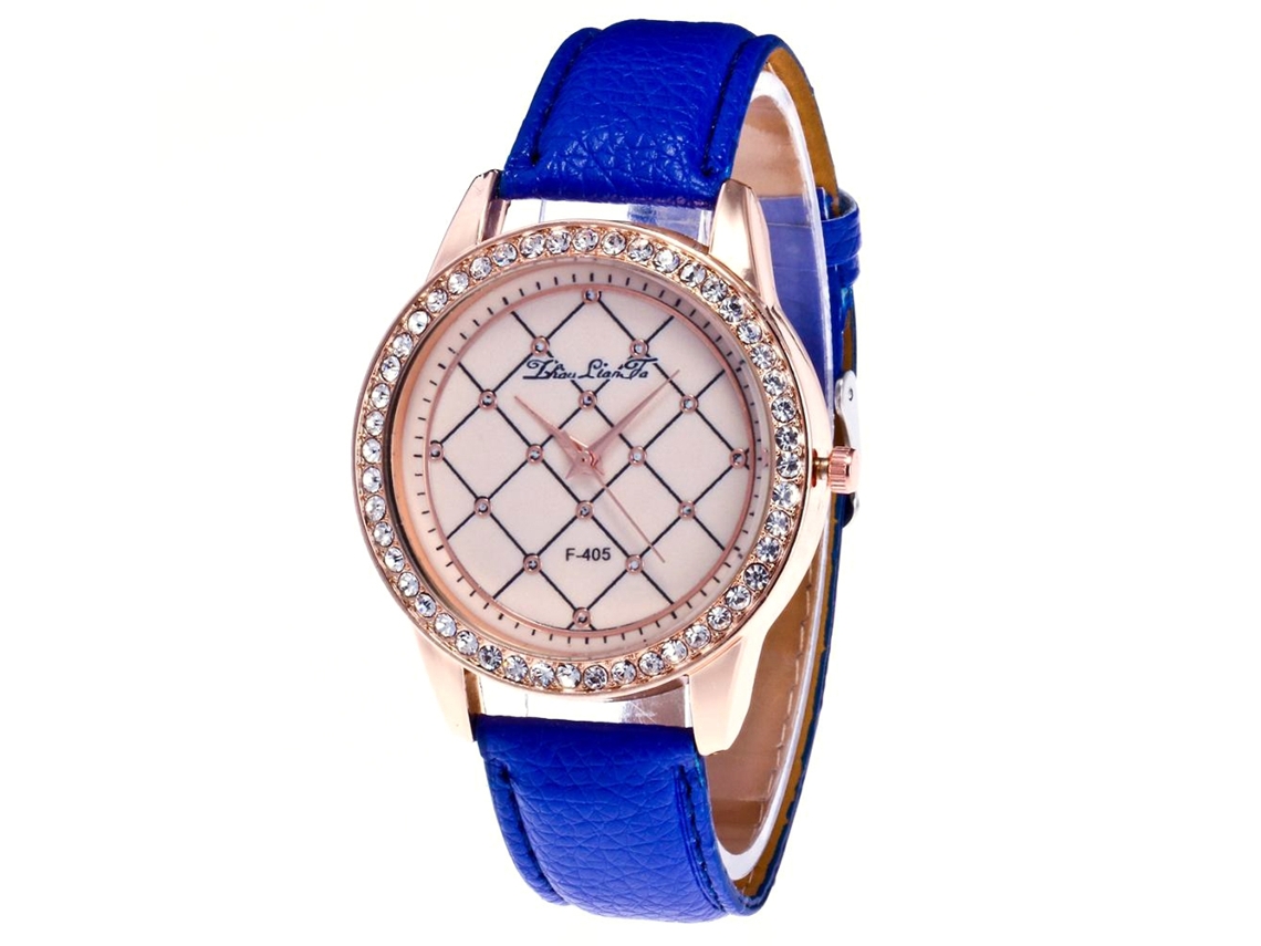Reloj De Pulsera Zhoulianfa Para Mujer, Piel Sintética, Cuarzo, Esfera Redonda Con Diamantes De Imitación, Azul Marino.
