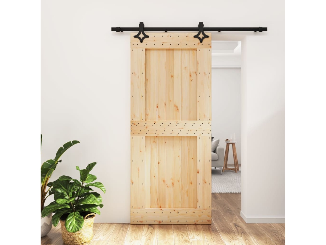 Puerta Corredera Con Herrajes Madera Maciza De Pino 90x210 Cm