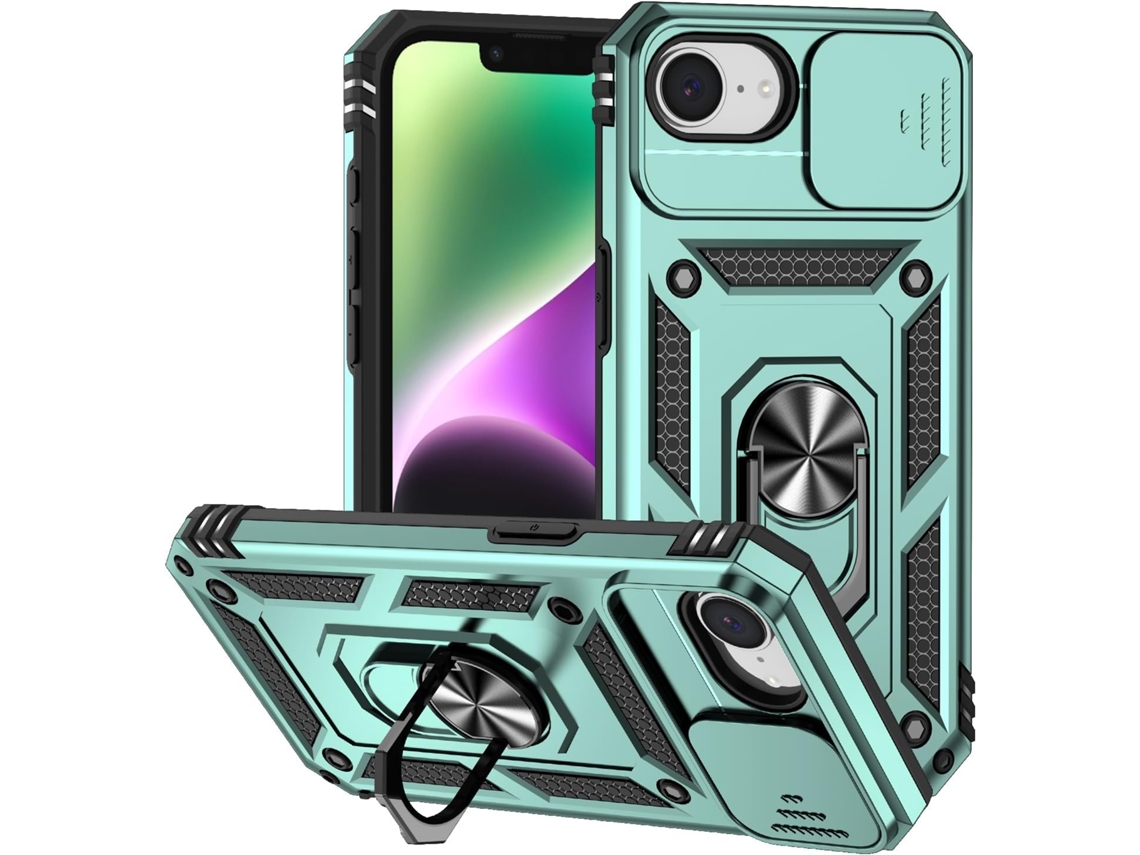 Funda magnética AEUZWR compatible con iPhone 16e con protector de cámara y soporte integrado en color verde.