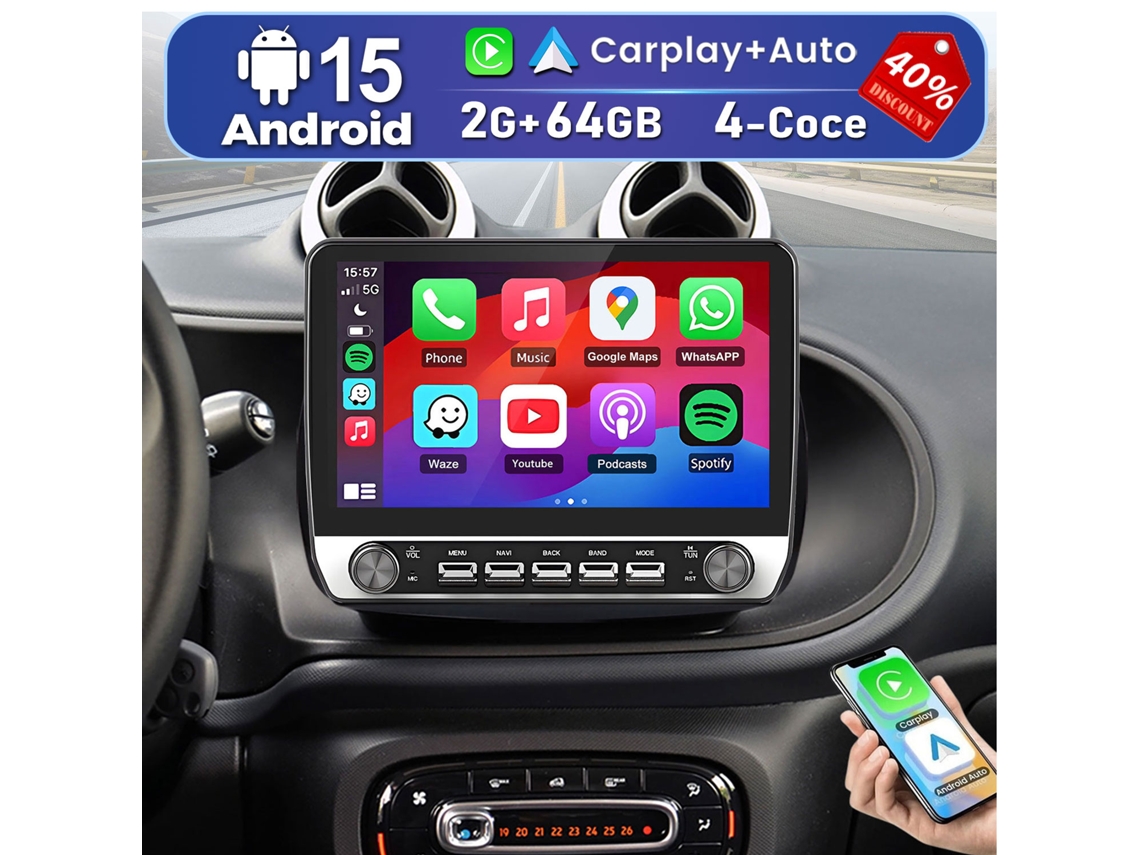 Autorradio Junsun Para Benz Smart Fortwo 453 2015-2019 | Android 15 | 10.1" | 2gb+64gb | Carplay Sem Fio | Swc | Dsp | Rds