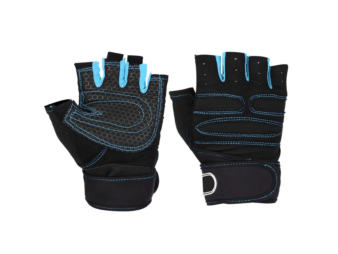 Guantes de gimnasio para levantamiento de pesas, entrenamiento, fitness, muñequeras, ejercicio y deporte (azul claro, M)