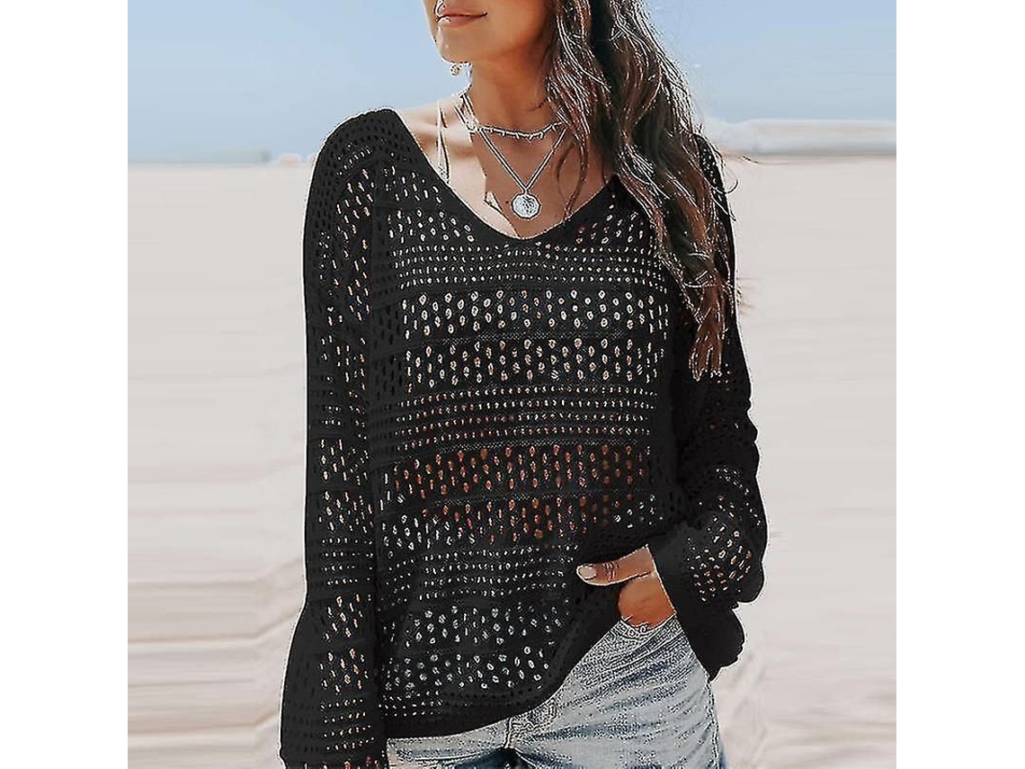 Camiseta de mujer Punto Crochet 2026 con cuello en V y mangas largas en color liso para playa y piscina.