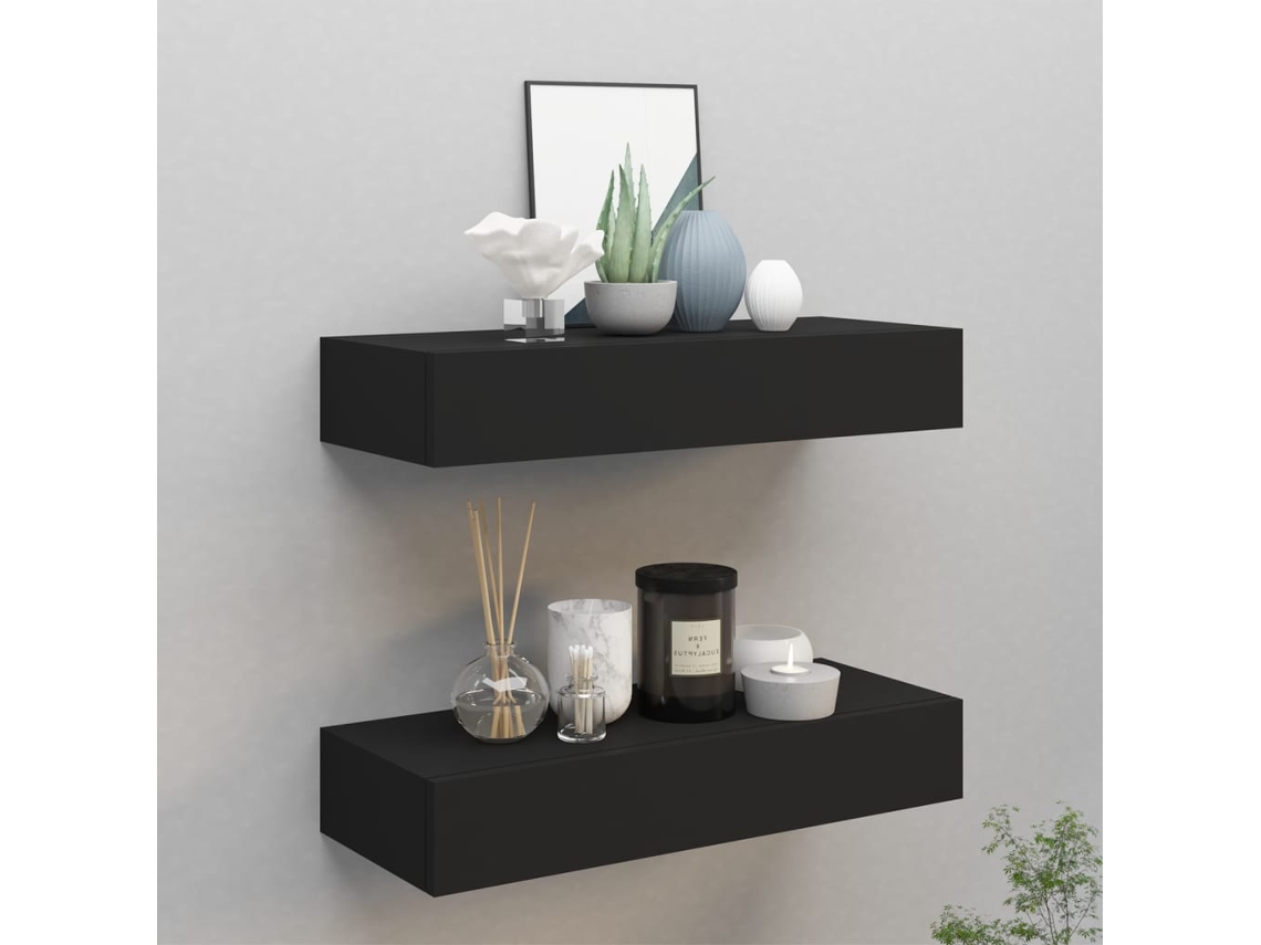Estantes de pared con cajón 2 uds MDF negro 60x23,5x10 cm
