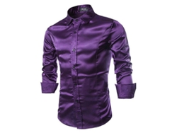 Camisa De Vestir Informal De Manga Larga Con Botones, Corte Ajustado Y Acabado Satinado Brillante De Lujo Para Hombre.