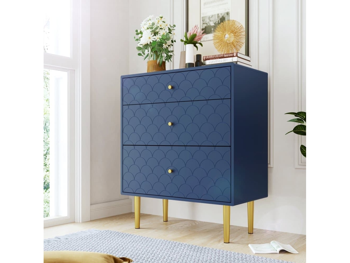 Cómoda 3 Cajones 89x75x40 Cm - Sideboard/highboard Para Dormitorio Y Sala - Azul Marino
