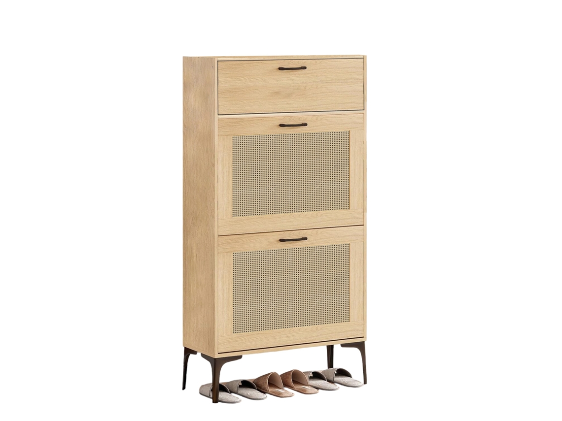Zapatero con 2 cajones y 1 puerta en ratán, zapatero estrecho para entrada, pasillo y salón, 80 x 24 x 114 cm
