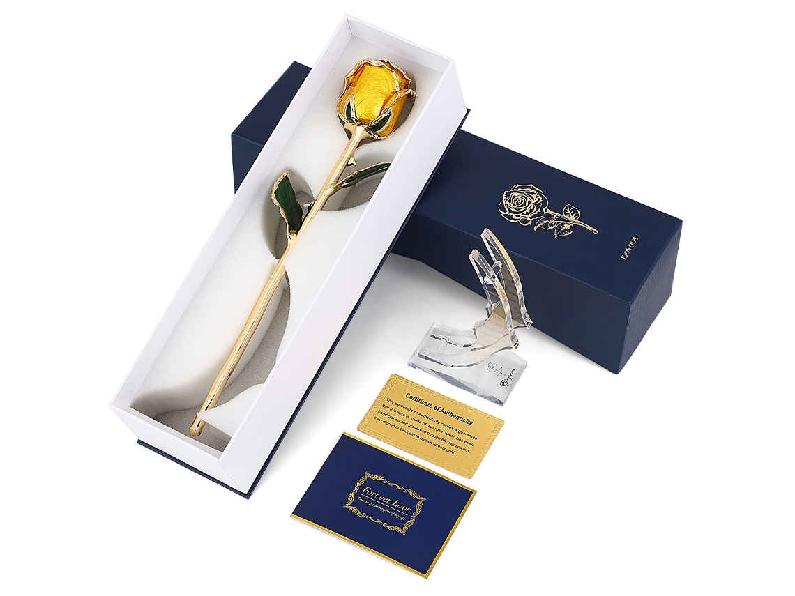 Rosa Bañada En Oro De 24 Quilates Con Soporte, Rosa Real Preservada, Amarillo Ejoyous