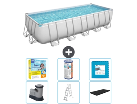 Piscina BESTWAY Rectangular Power Steel - 640 x 274 x 132 - Gris - Incluida bomba - Escalera - Cobertor Paquete de mantenimiento - Filtrar - Baldosas