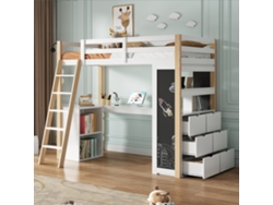 Cama Alta Infantil De 90x200, Escritorio, Armario Con Cajones, Marco De Fotos De Madera Blanca.