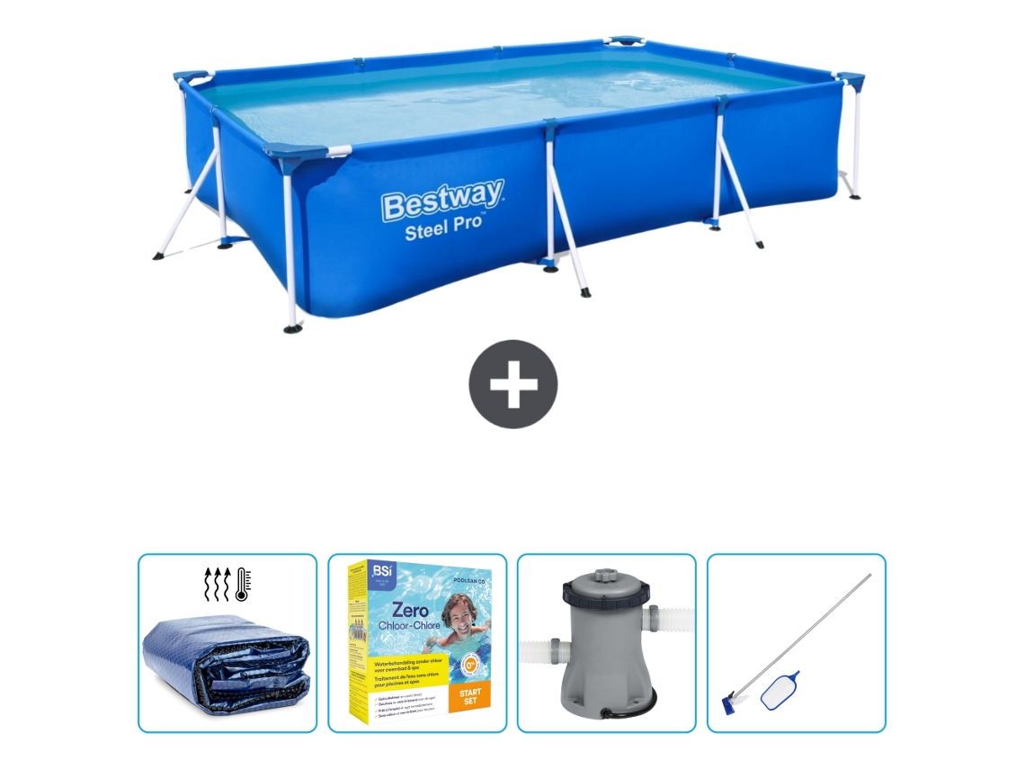 Piscina BESTWAY Rectangular Steel Pro - 300 x 201 x 66 cm - Azul - Incluida Vela solar - Paquete de mantenimiento - Bomba - kit de limpieza