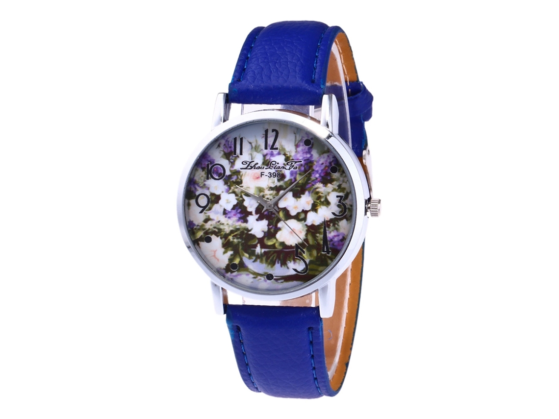 Reloj De Pulsera Zhoulianfa Para Mujer, Estilo Casual Y Moderno, Con Esfera De Cuarzo Y Diseño Floral. Correa De Cuero Azul.