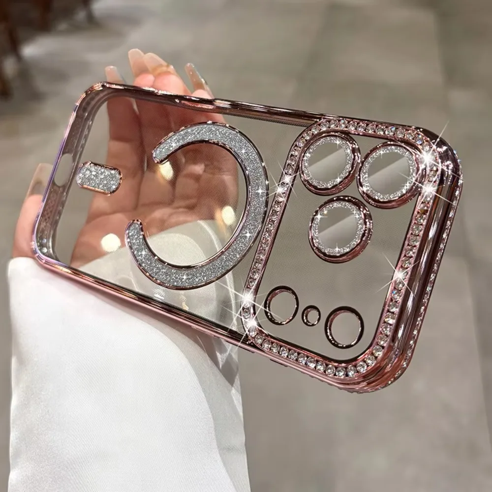 (iphone Air, Rosa) Funda De Succión Magnética Para Iphone, Funda Transparente Suave De Diamante Flash, Funda Protectora De Cámara Completa