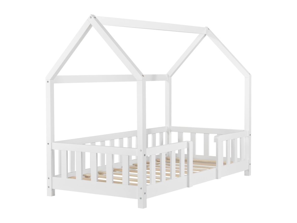 Cama Infantil Tipo Cabaña Con Barandilla Y Somier De Láminas En Madera De Pino Natural 70 X 140 Cm 03_0005486