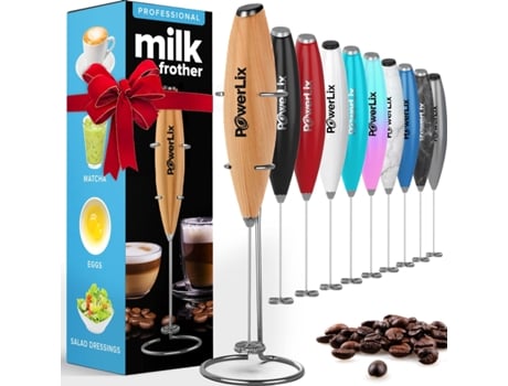 POWERLIX Espumador de Leche Eléctrico de Mano Batidora Leche Espuma Con Soporte de Acero Inoxidable 15-20S Potente 19000 Rpm Batidor para Café