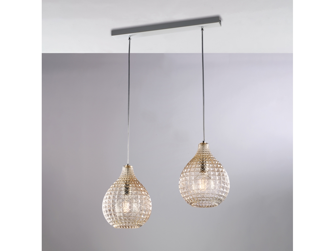 Canal de hierro blanco diamante con marco cromado, cables ajustables y difusores de vidrio soplado, Mbar con 2 efectos de luz de cristal, Belight