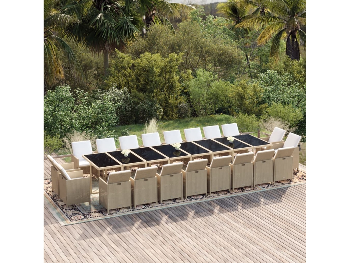 21 Pcs Conjunto de Comedor para Jardín con Almohadones en Mimbre PE en Beige